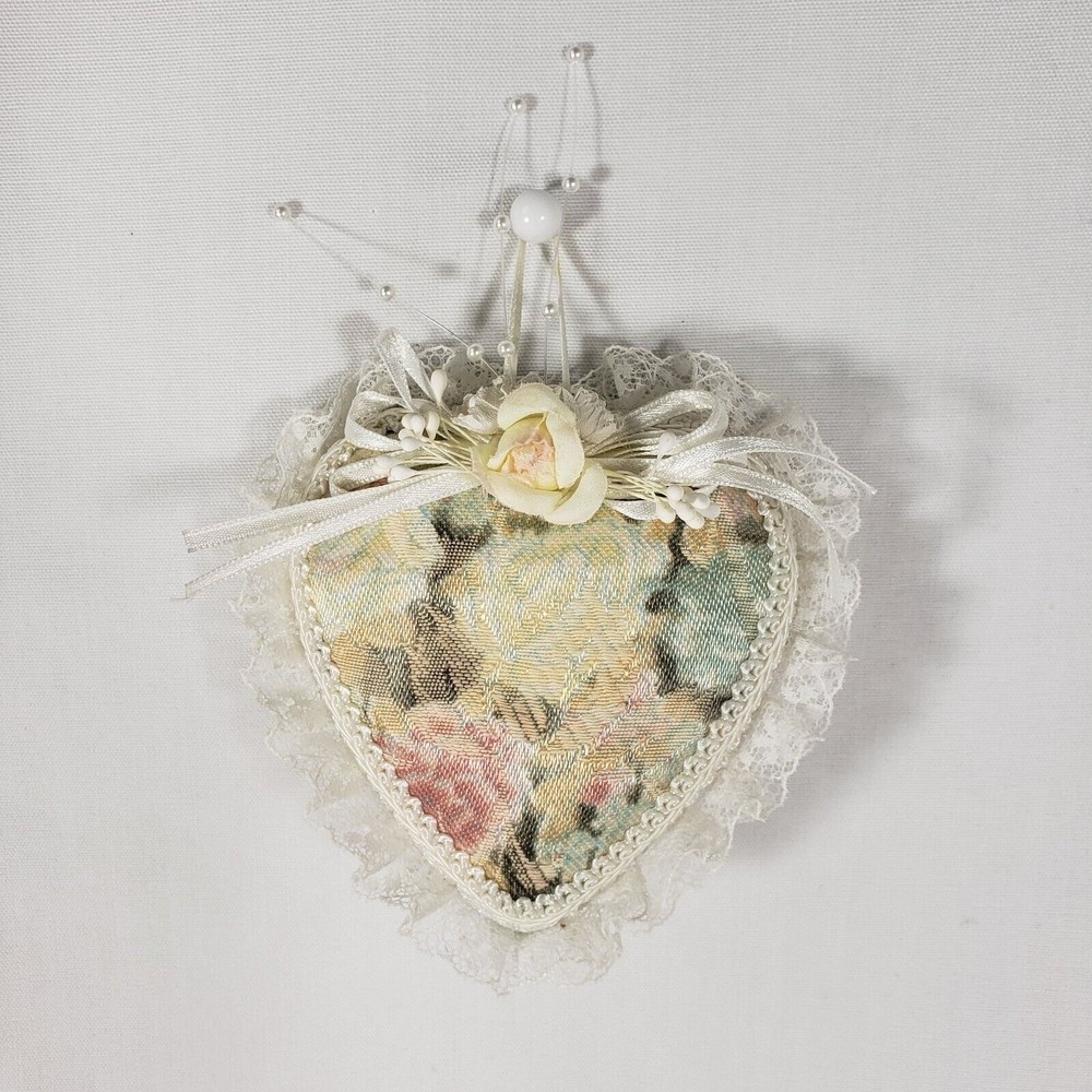 Vintage‎ Christmas Ornament Heart Shape Decorated With Fabric Floral Pattern VGC
